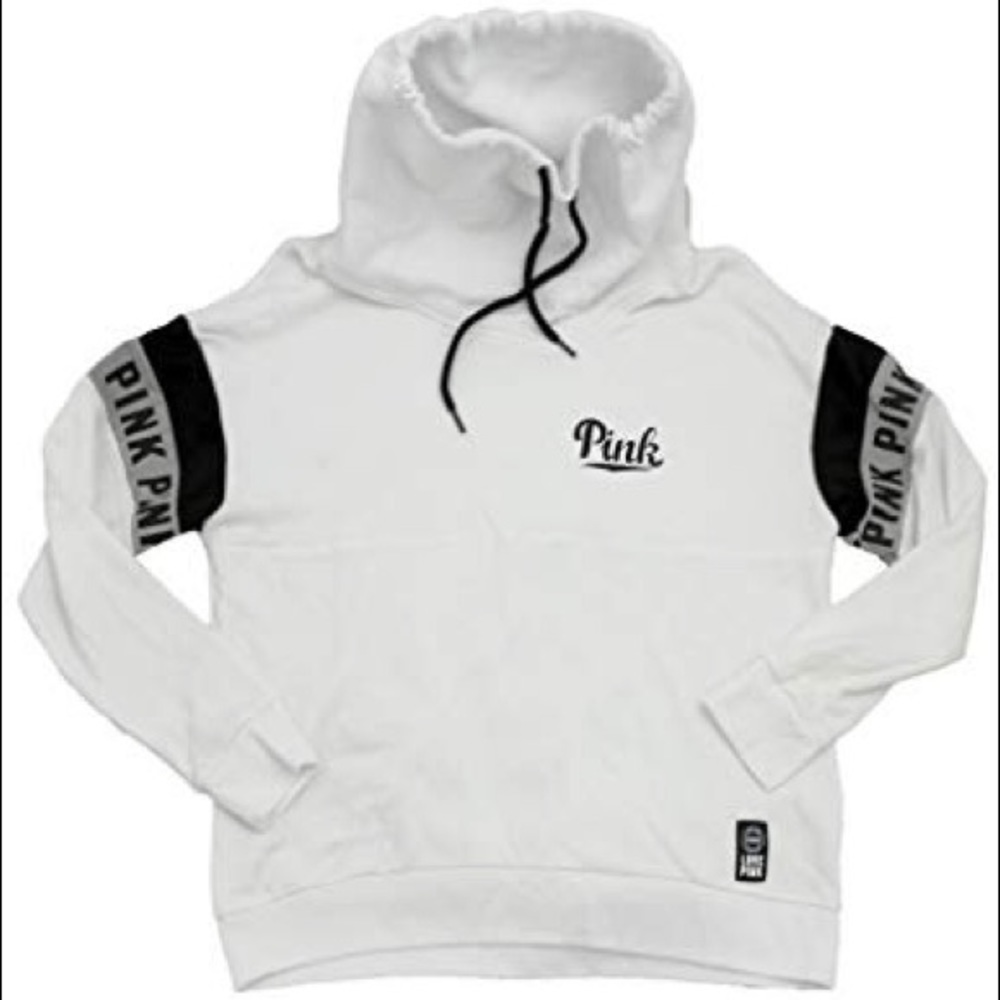 VS PINK White Cowl Pullover w/ Striped Sleeves